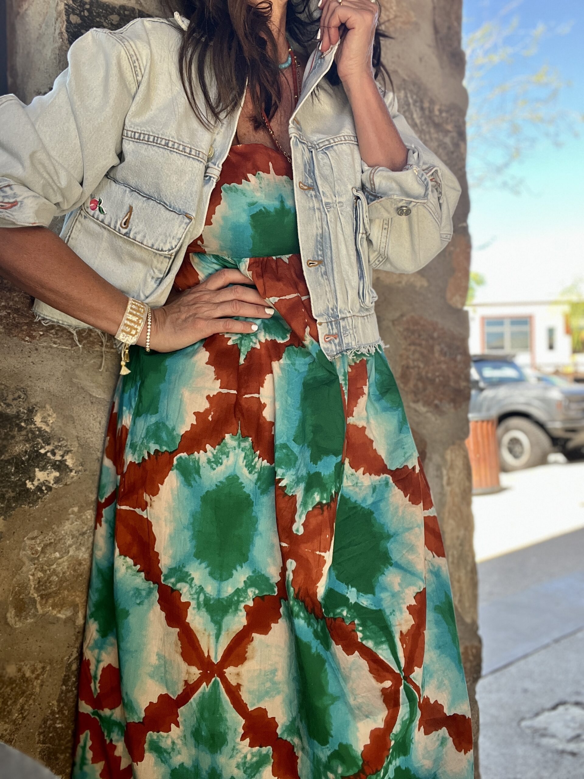 summer maxi sundress in tie dye with faded light blue cute denim jacket.